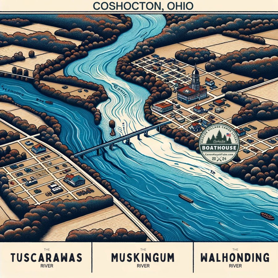 Illustrated map of the Tuscarawas, Walhonding, and Muskingum Rivers meeting at Coshocton, Ohio