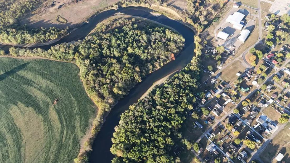 Aerial view of a river bend near Coshocton, Ohio