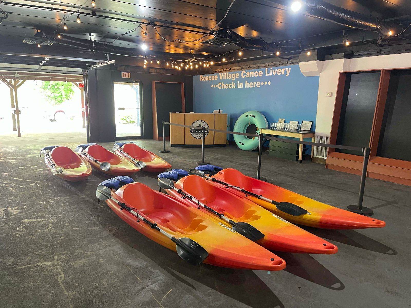 Kayaks ready at the Roscoe Village Canoe Livery check-in in Coshocton, Ohio