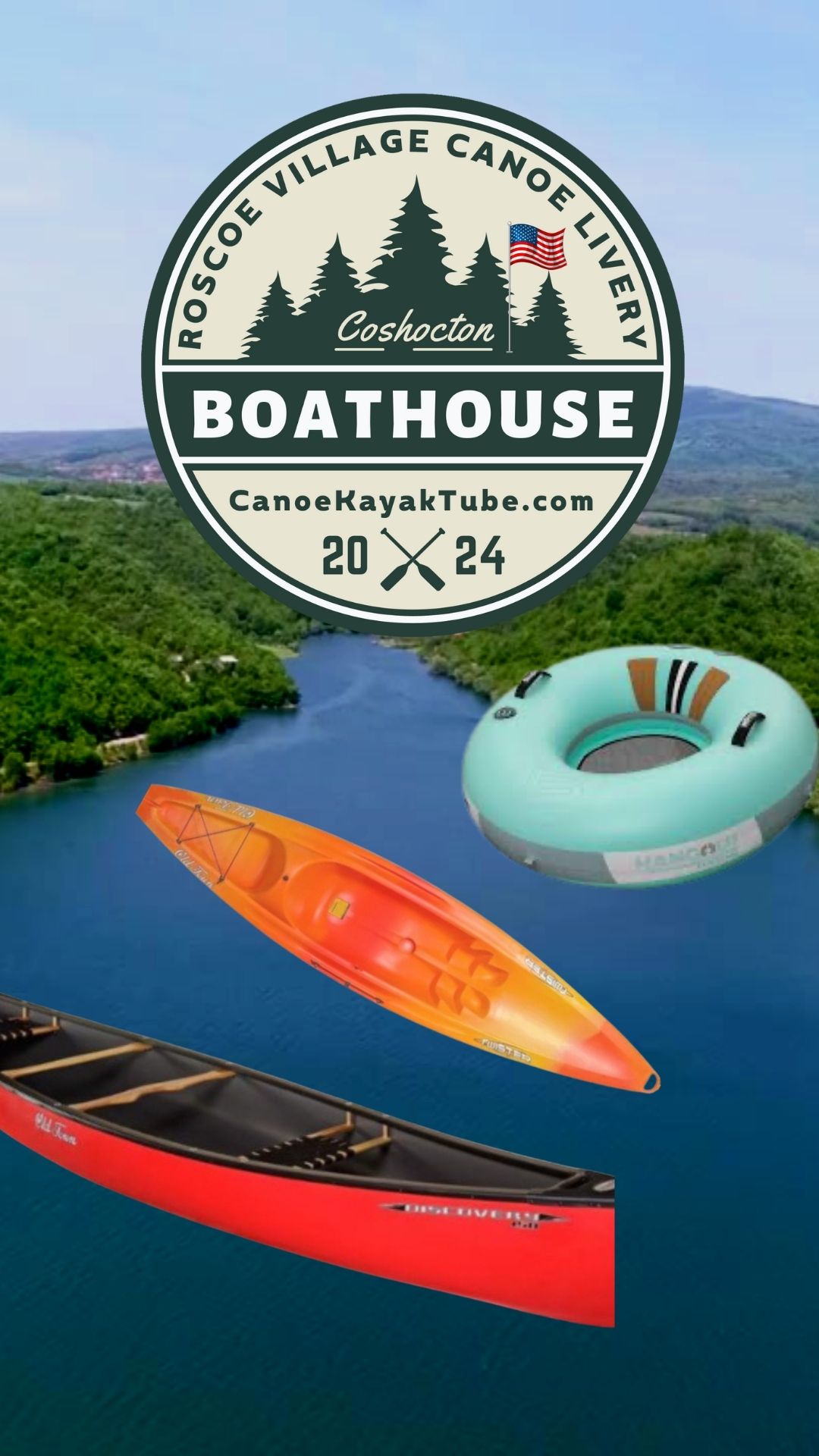 kayak, canoe, tube rental on the river ad
