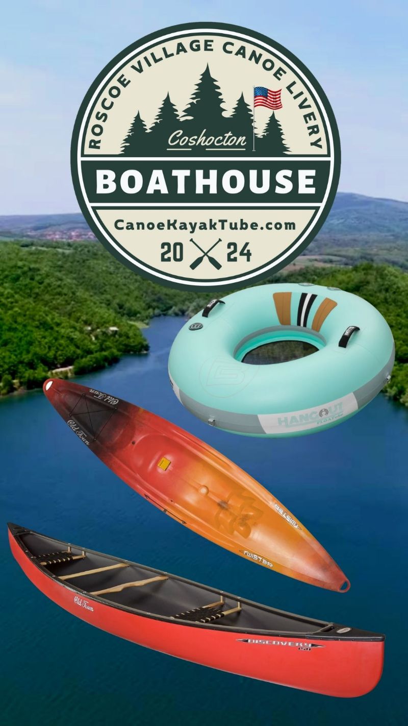 Roscoe Village Canoe Livery rentals: BOTE Hangout tube, Old Town Twister kayak, and Old Town Discovery 158 canoe