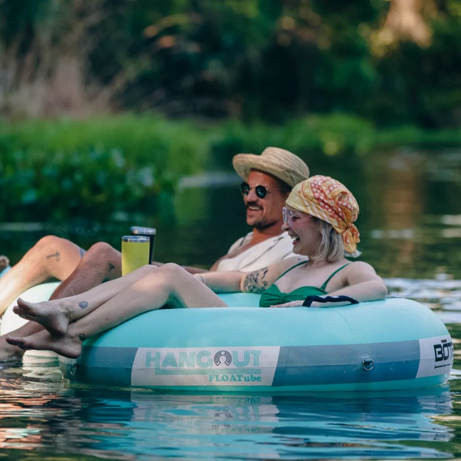 A BOTE Hangout FLOATube on the riverbank at Roscoe Village Canoe Livery